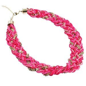 Women's Fushia and Pink Criss Cross Style Beaded Necklace in Gold tone